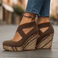 Brown crisscross platform wedge Heels, front view