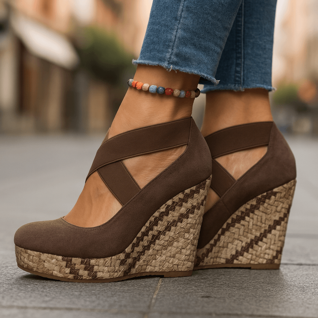Brown crisscross platform wedge Heels, front view