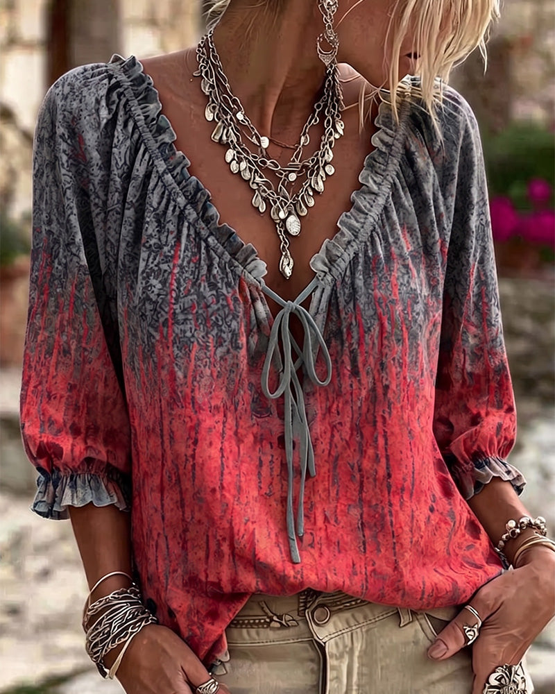 Red gradient tie-dye V-neck ruffle drawstring blouse, front view