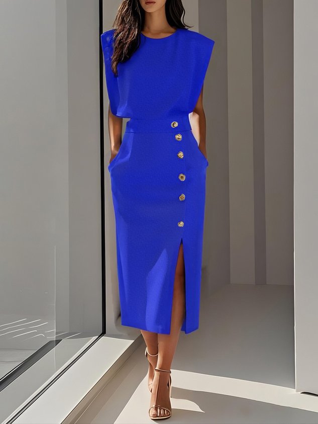White Solid Midi Dress with Button Slit