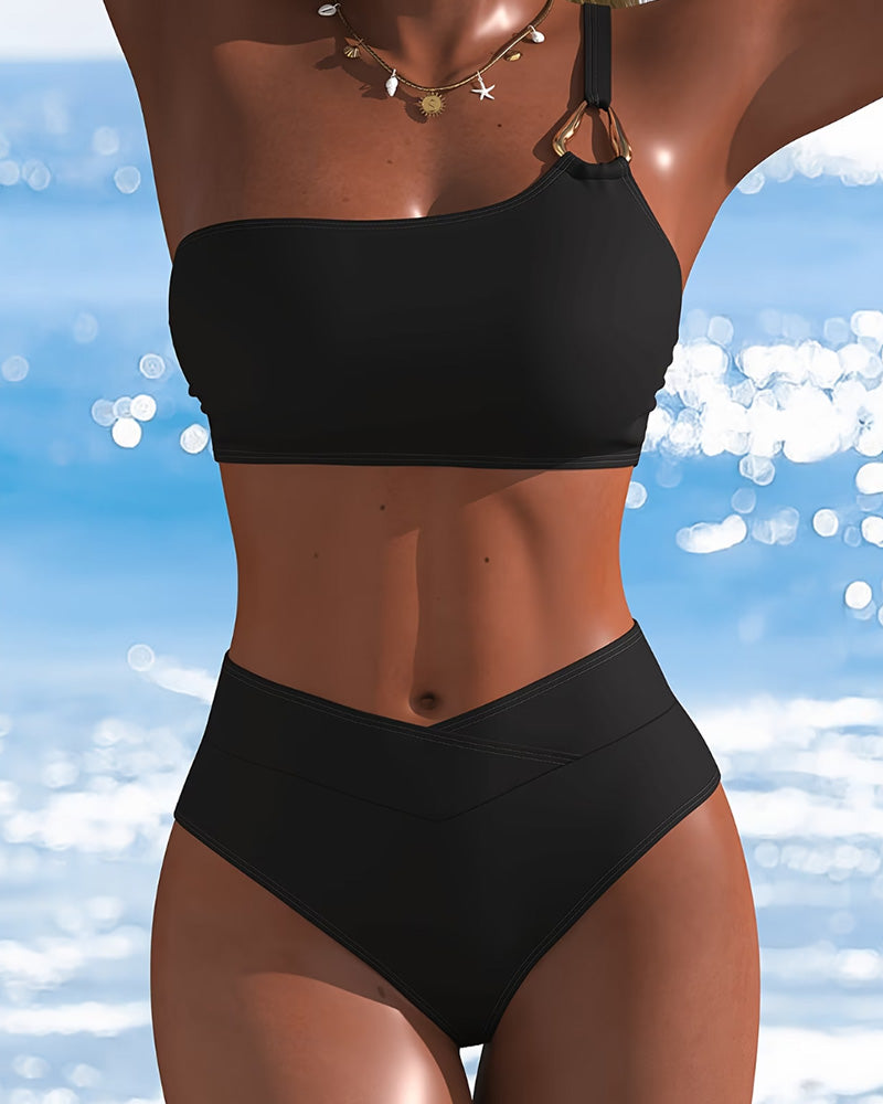 Black one-shoulder asymmetrical metal ring bikini set, front view