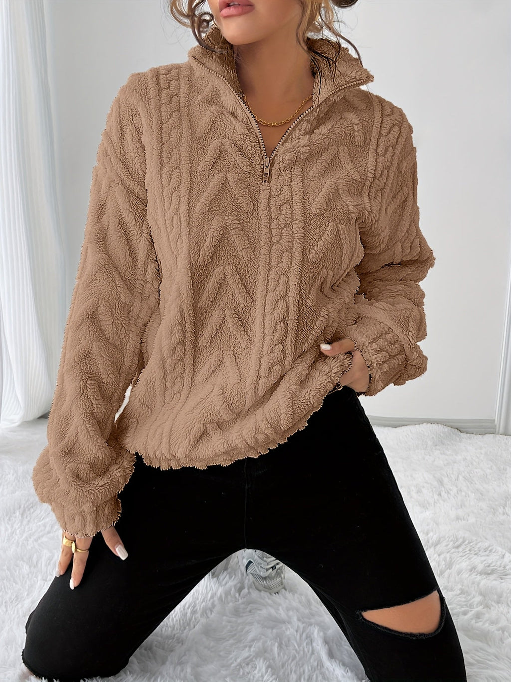 Cream cozy textured pullover