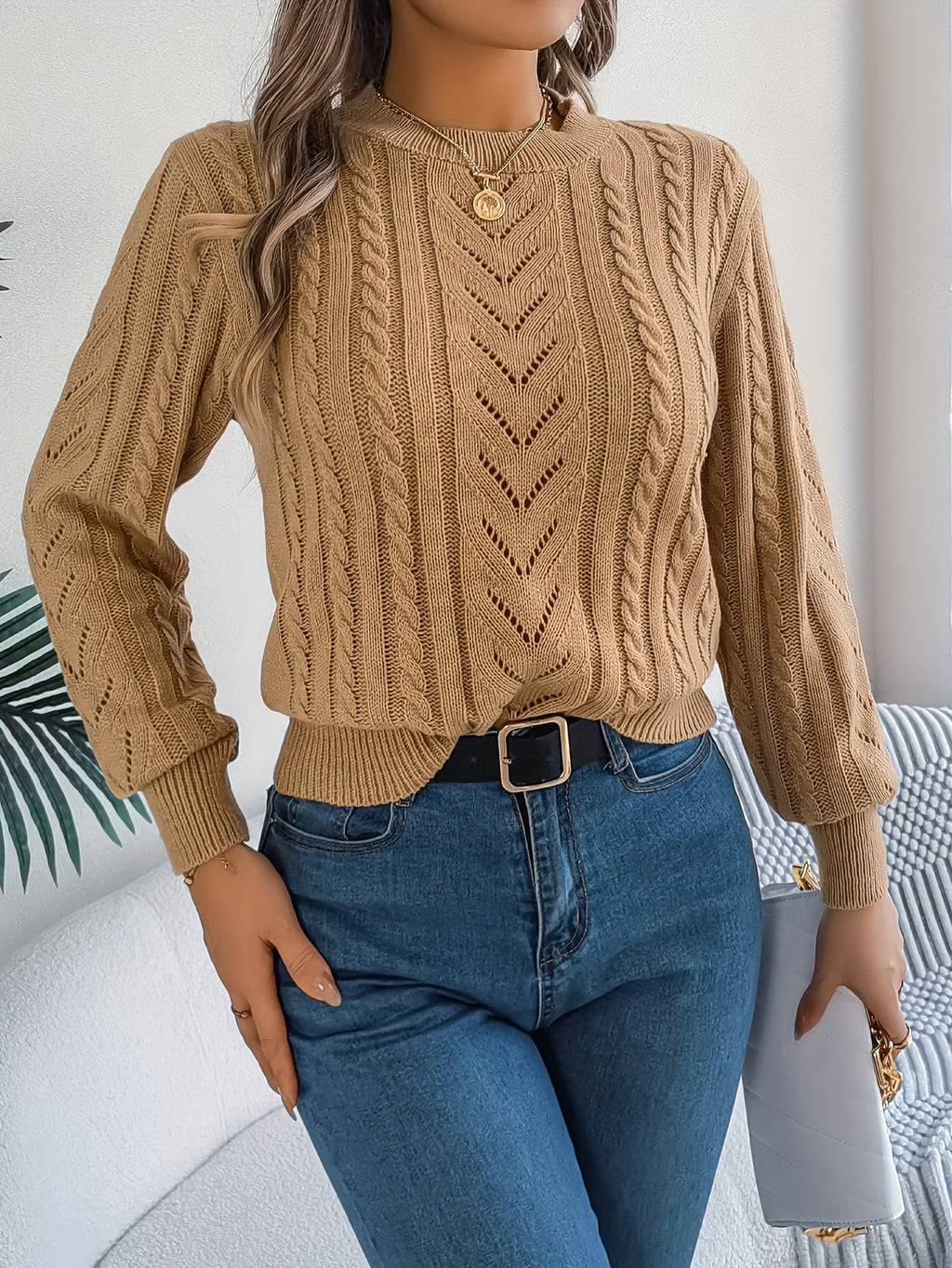 Khaki cable-knit textured sweater