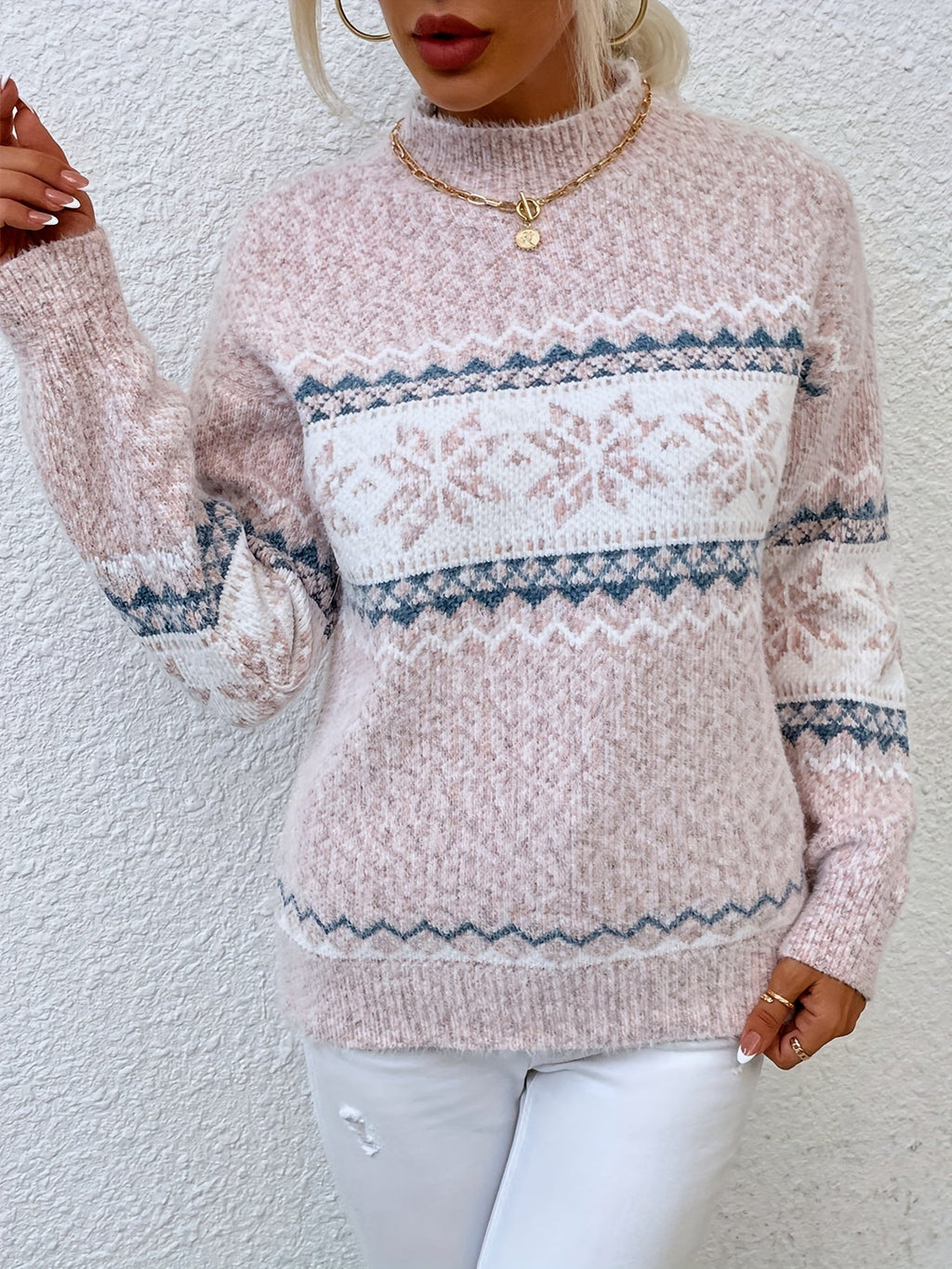 Gray cozy snowflake mock-neck sweater