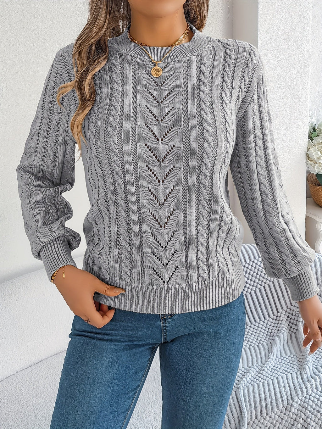 Khaki cable-knit textured sweater