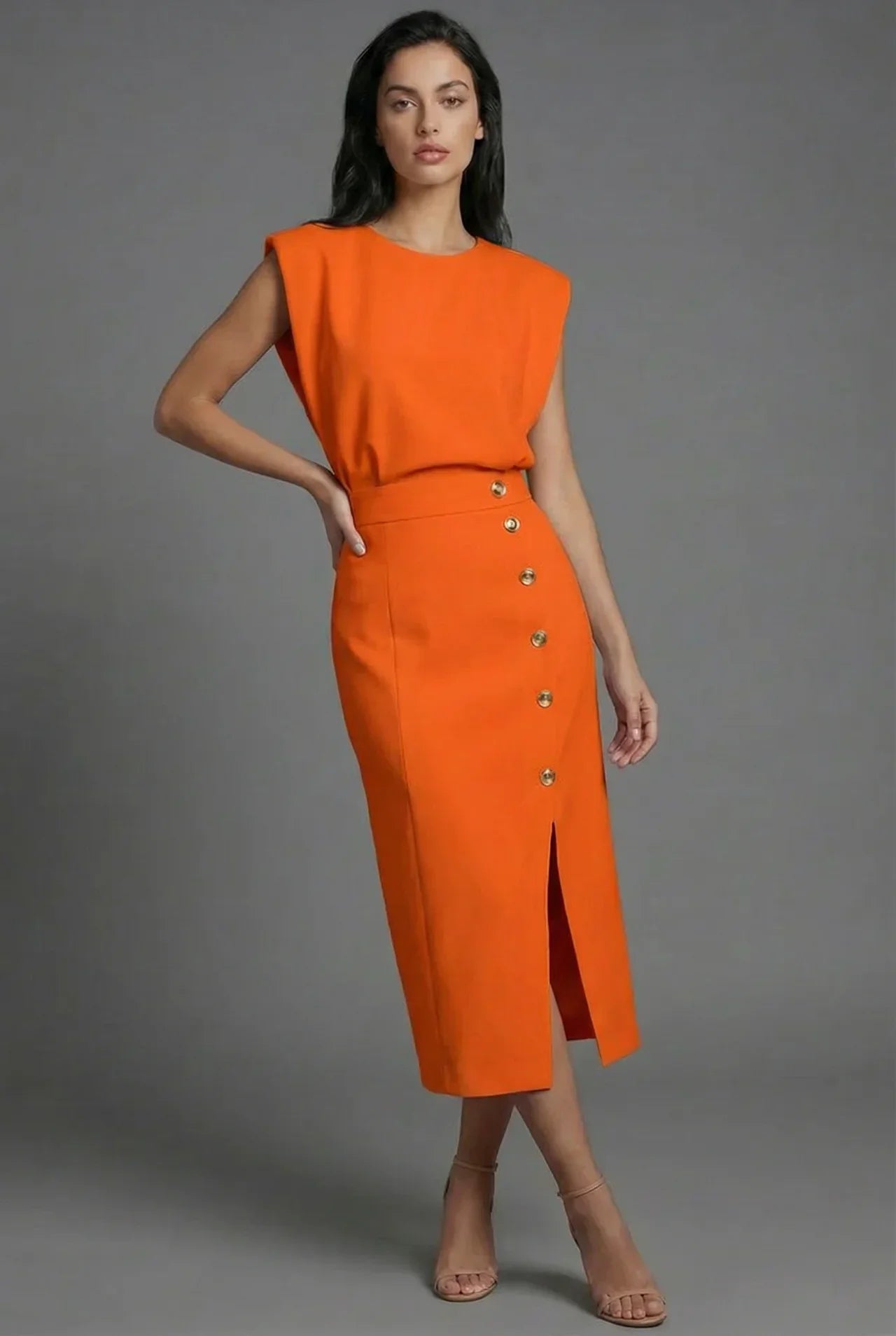 Shift Work Sleeveless Button Detail Midi Dress