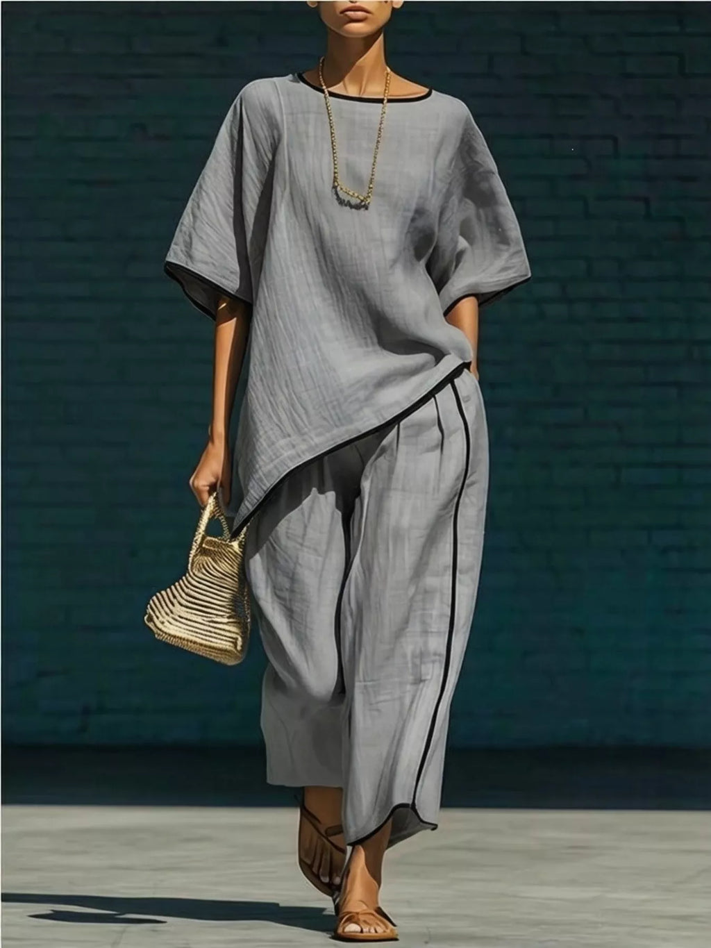 contrast trim round neck top and trousers co-ord set