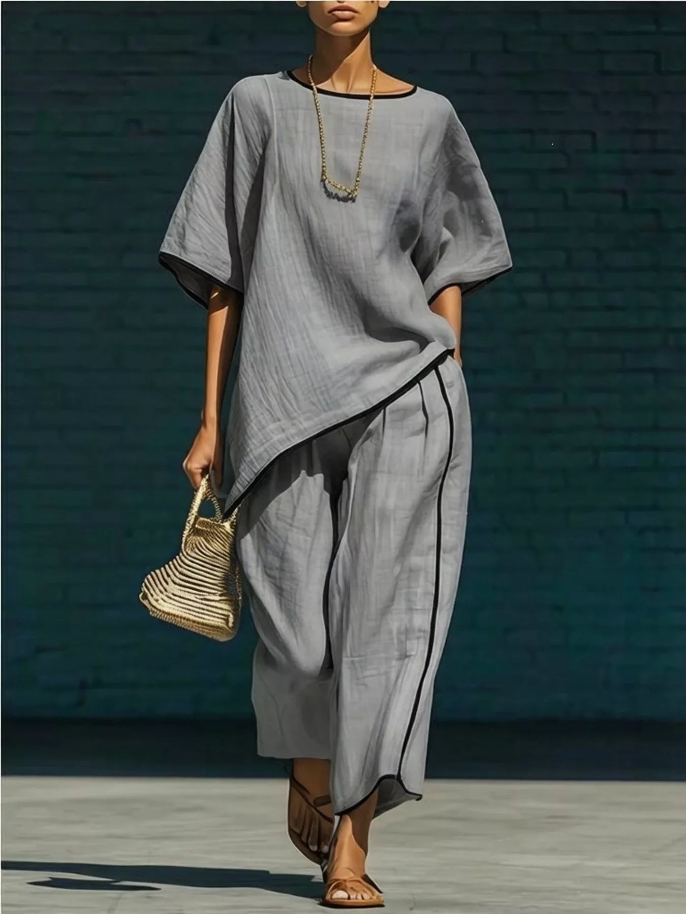 contrast trim round neck top and trousers co-ord set