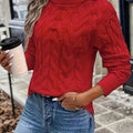 Red cozy cable-knit turtleneck sweater, front view