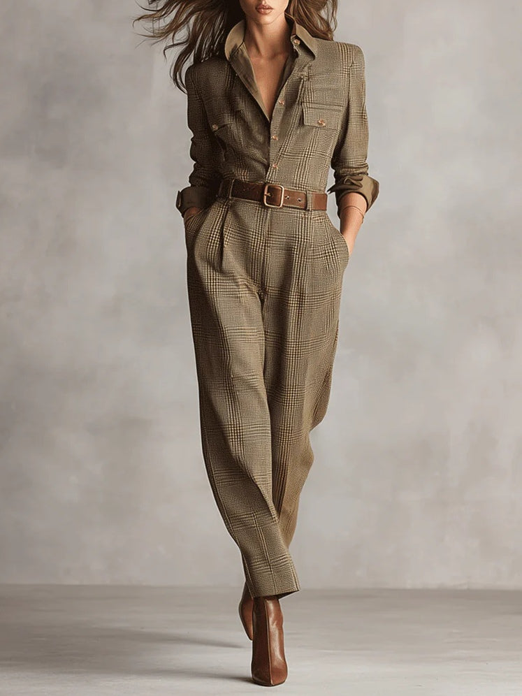 Brown Tweed Utility Jumpsuit, front view
