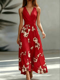 Red Shirred Geometric Print V-Neck Midi Dress