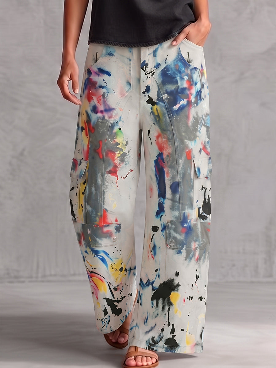 Light Grey Graffiti Print Wide-Leg High-Waisted Jeans, close-up front view