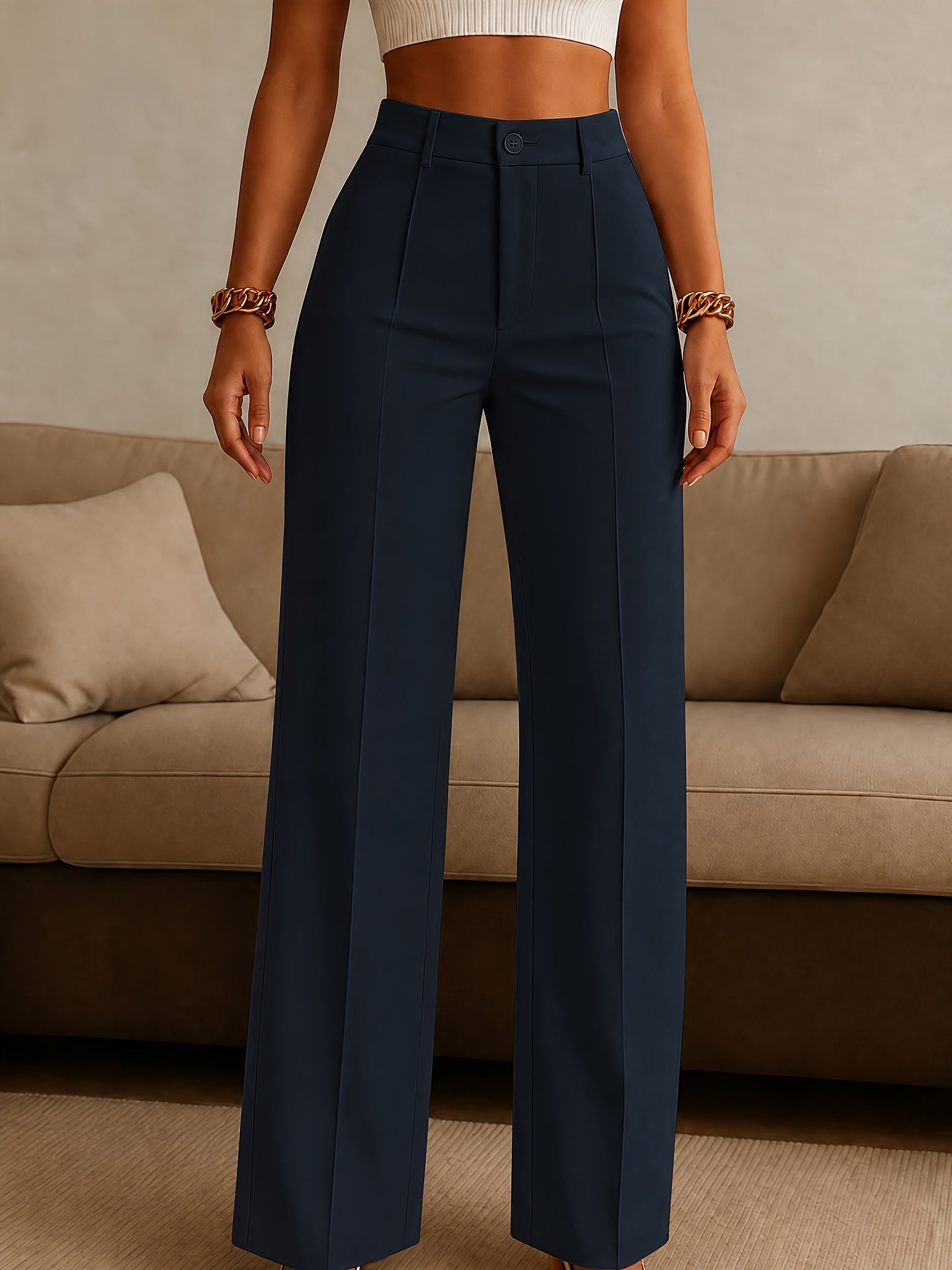 Khaki High-Waist Straight Pants