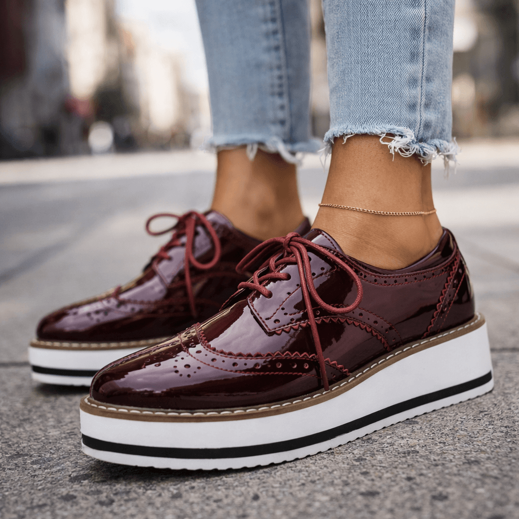 Wine Red leather brogue platform Heels, front view