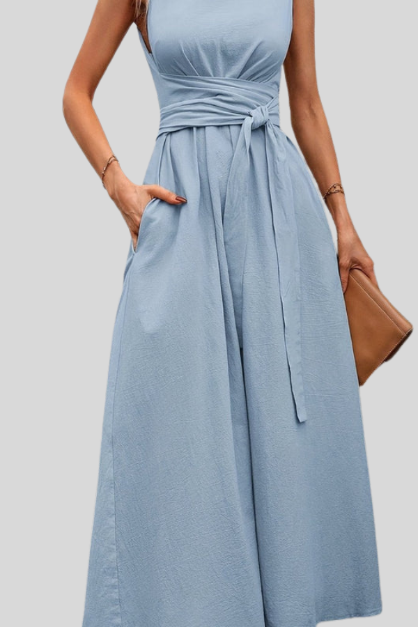 Casual Pleated Square-Neck Midi Dress