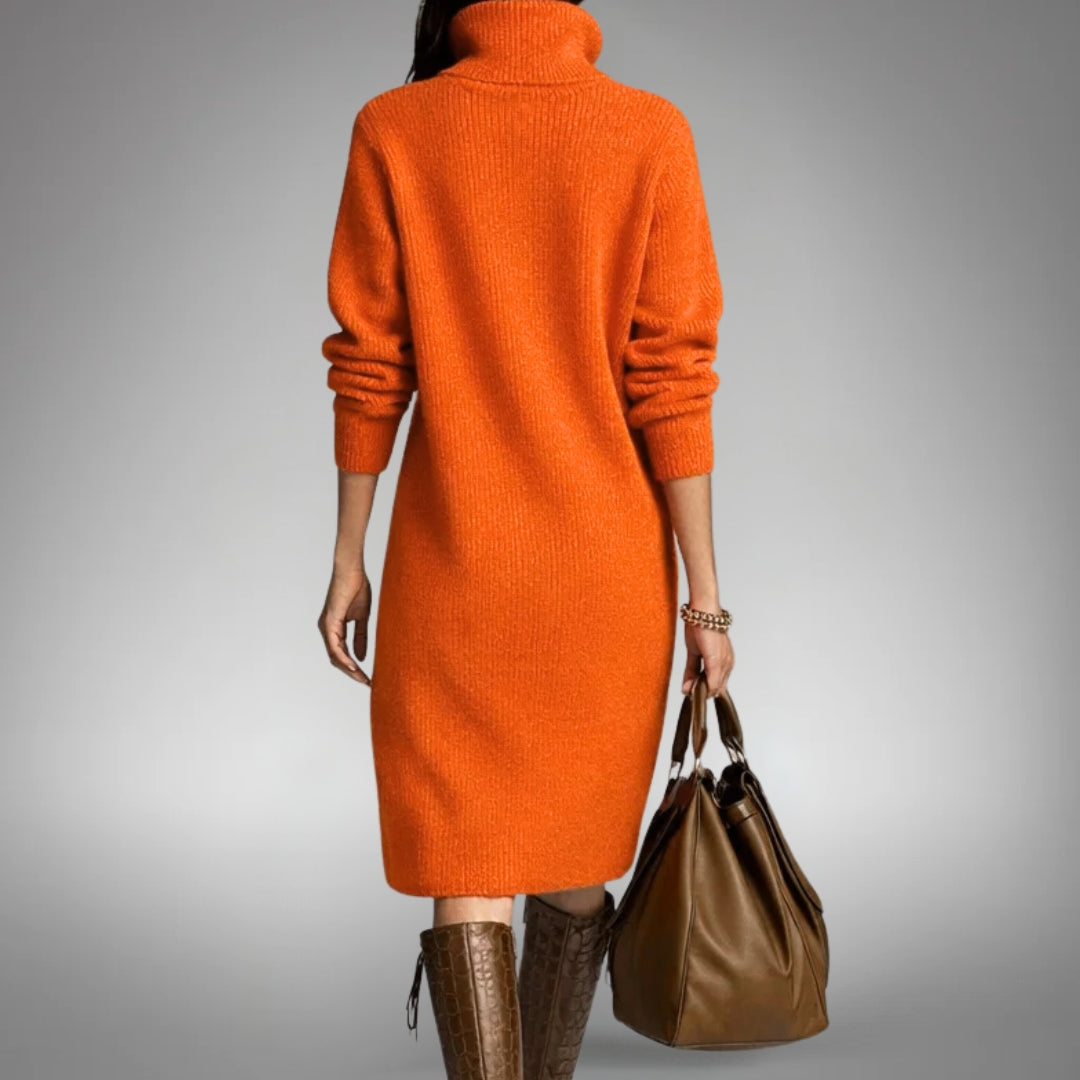 Orange High-Neck Button Collar Midi Dress