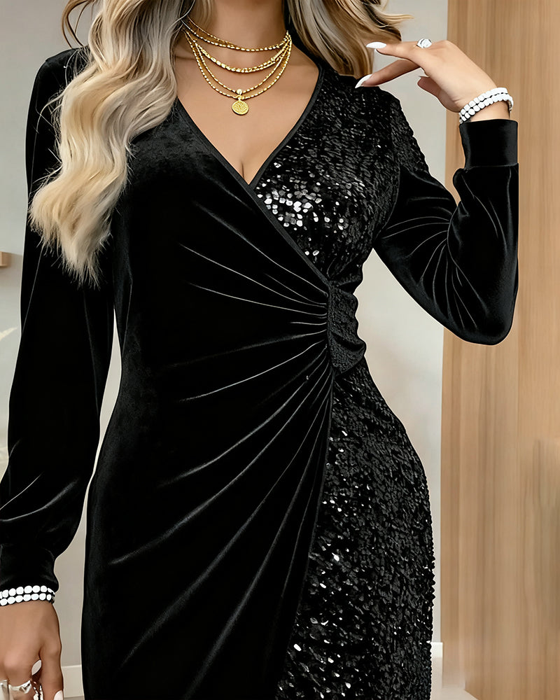 Yellow sequined velvet V-neck Formal Dress