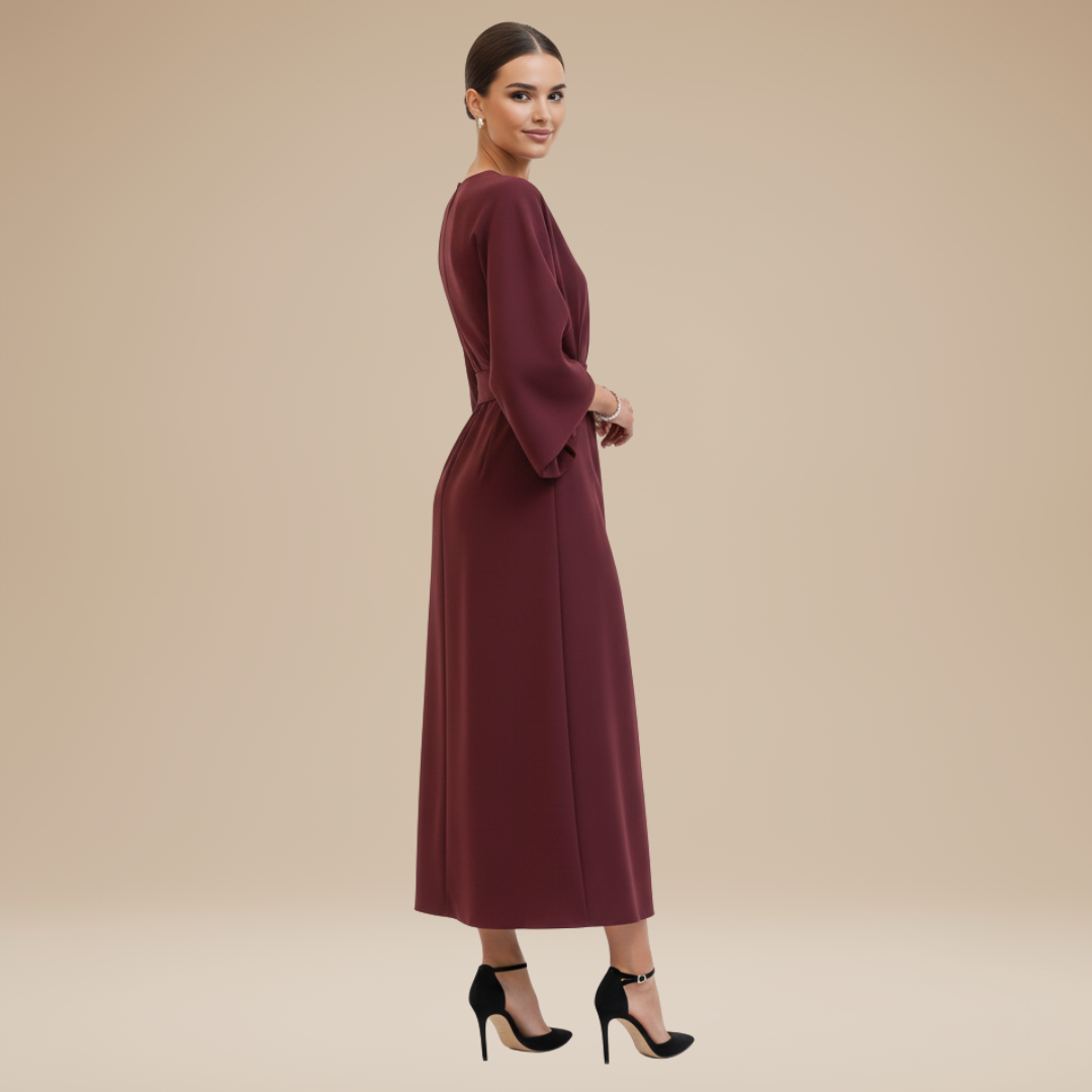 Belted Midi Dress with Wide Sleeves and Draped Waist