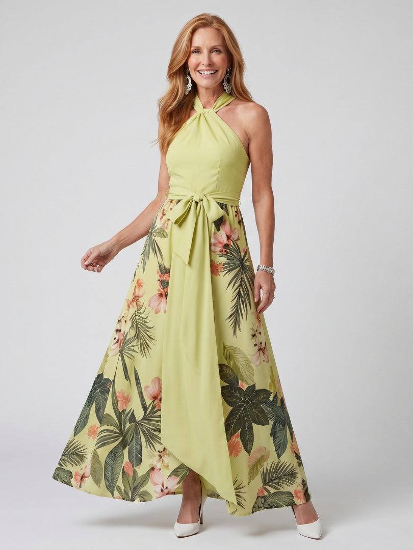 Meadow - Draped Halter Botanical Panel Maxi Dress