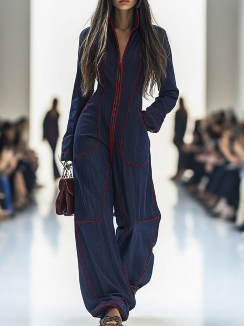 Denim Jumpsuit with Stand Collar