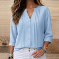 Pleated Button Front Three Quarter Sleeve Blouse