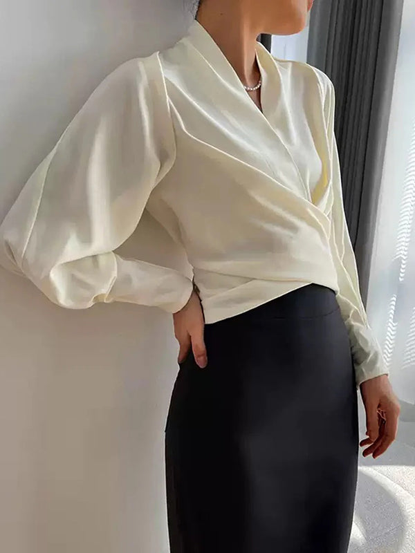 White Zip-Front V-Neck Blouse