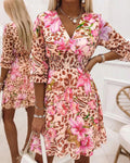 Pink V-neck floral print waist-cinching bubble sleeve dress, front view