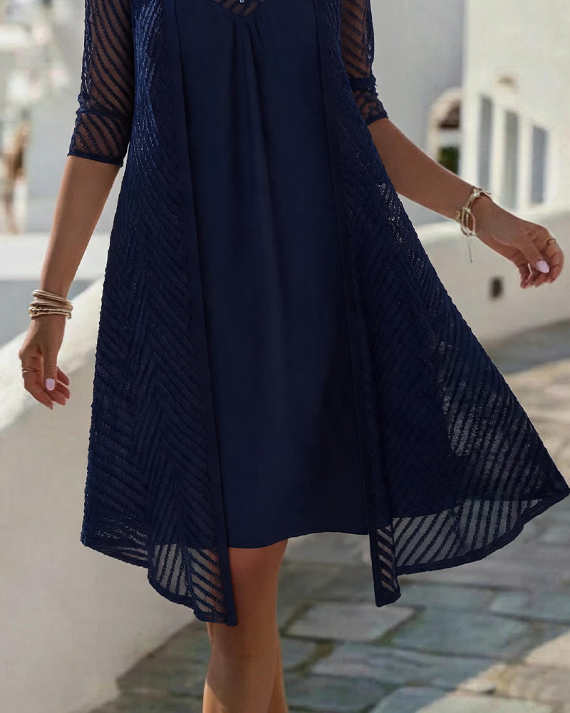 Black hollow out V-neck knee length dress, front view