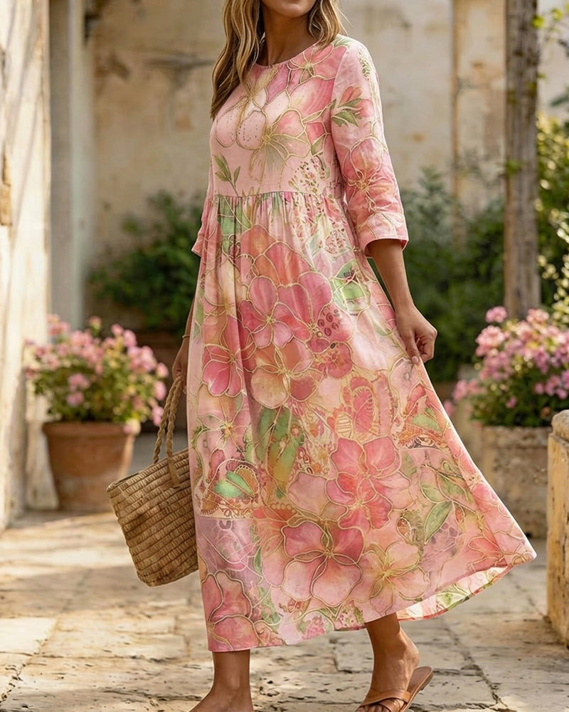 Pink watercolor floral maxi dress close-up print detail