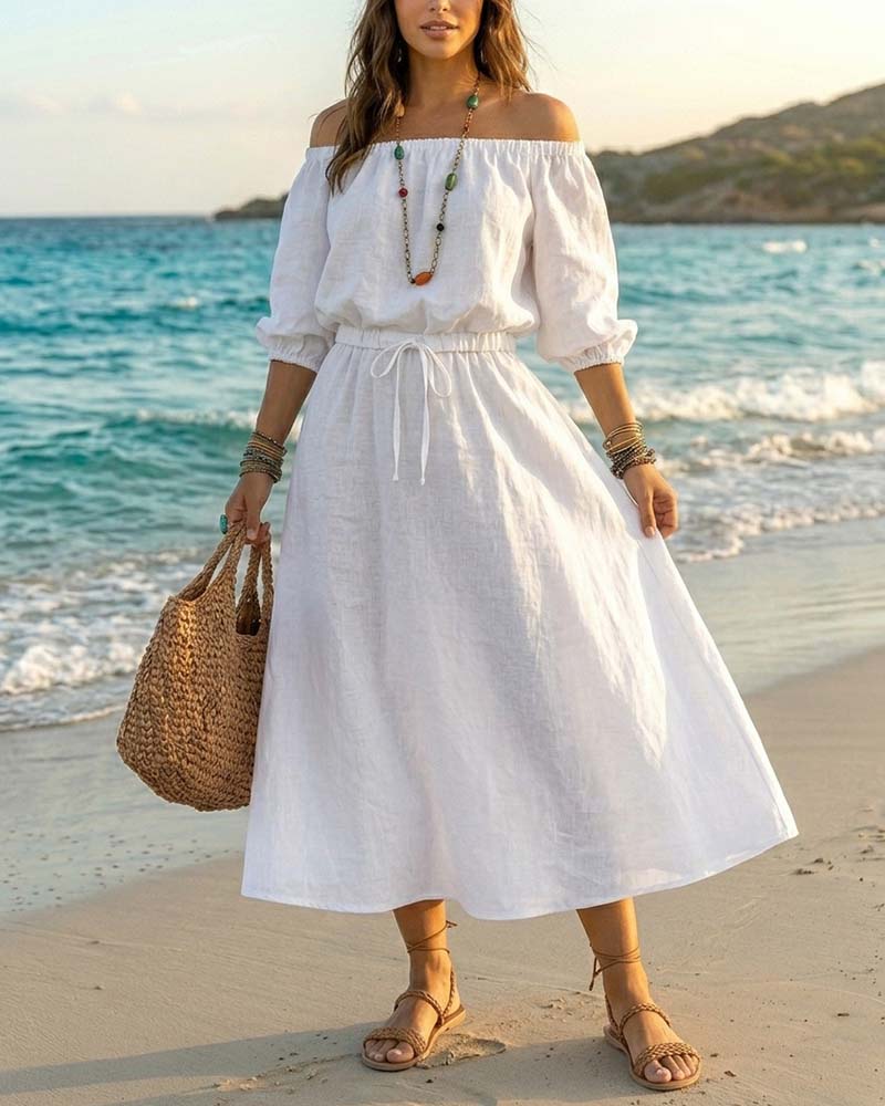 White off-shoulder puff sleeve lace-up midi dress, full length view