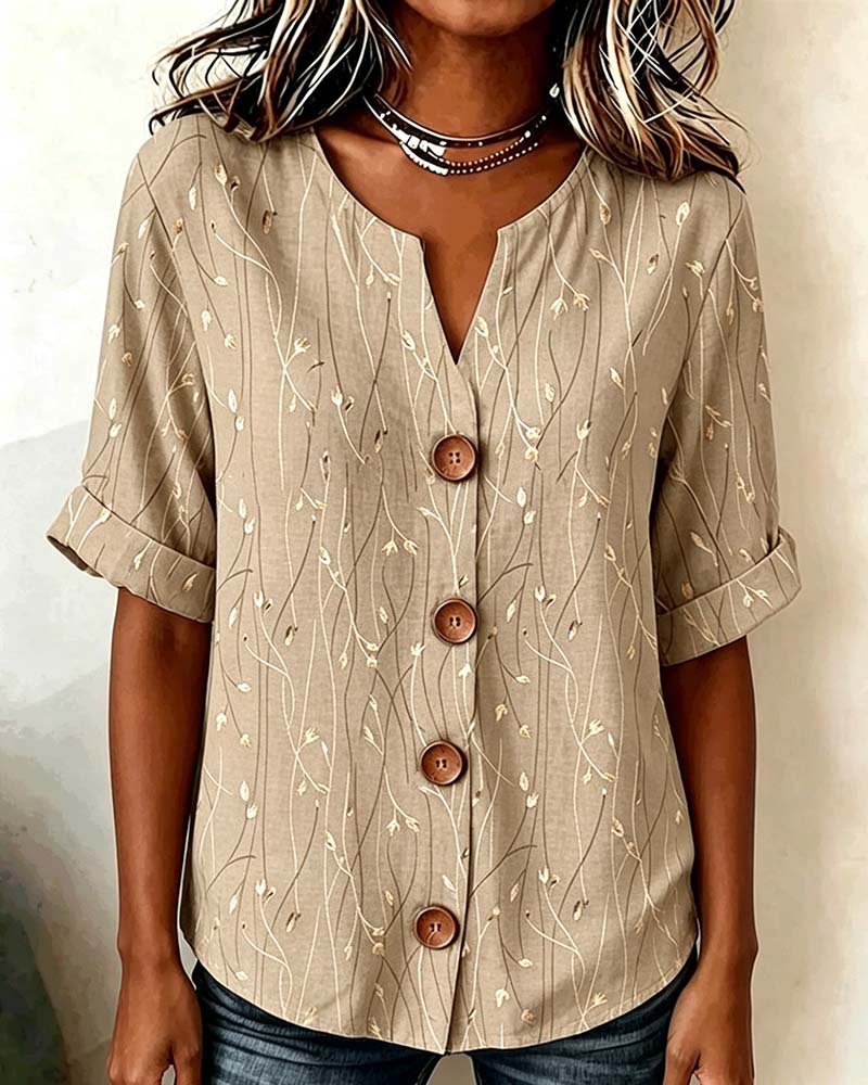 Khaki V-neck blouse close-up button detail