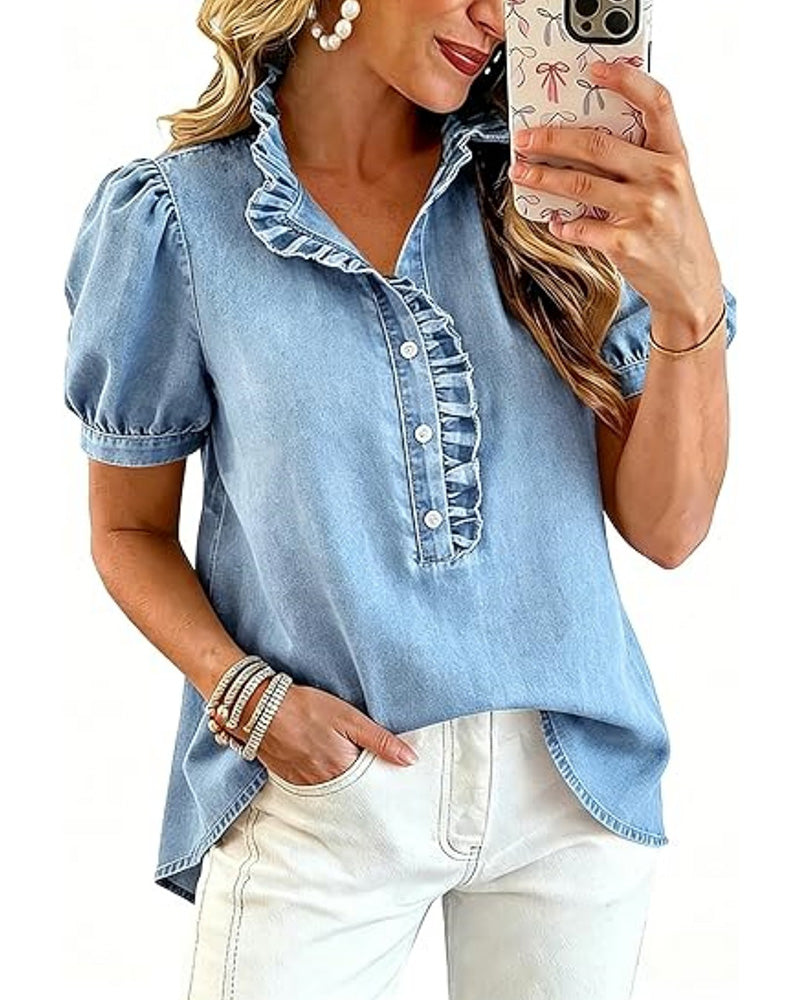 Denim Blouse Lapel Collar Puff Sleeves Navy Blue | Senselle