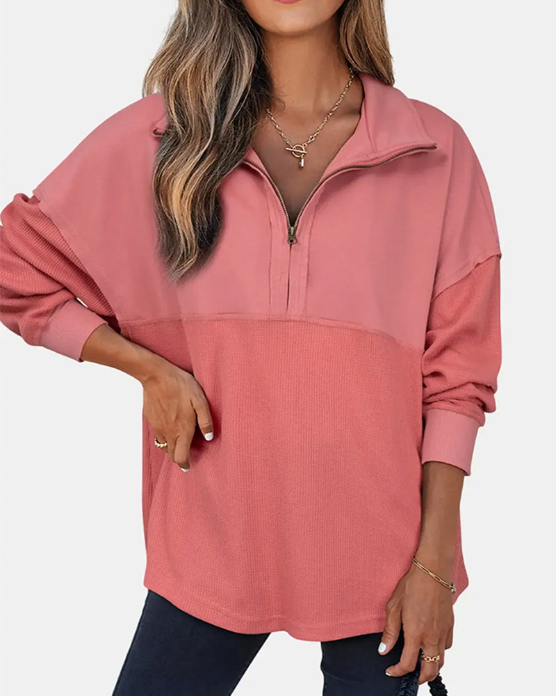 Pink half zip waffle patchwork sweatshirt, front view