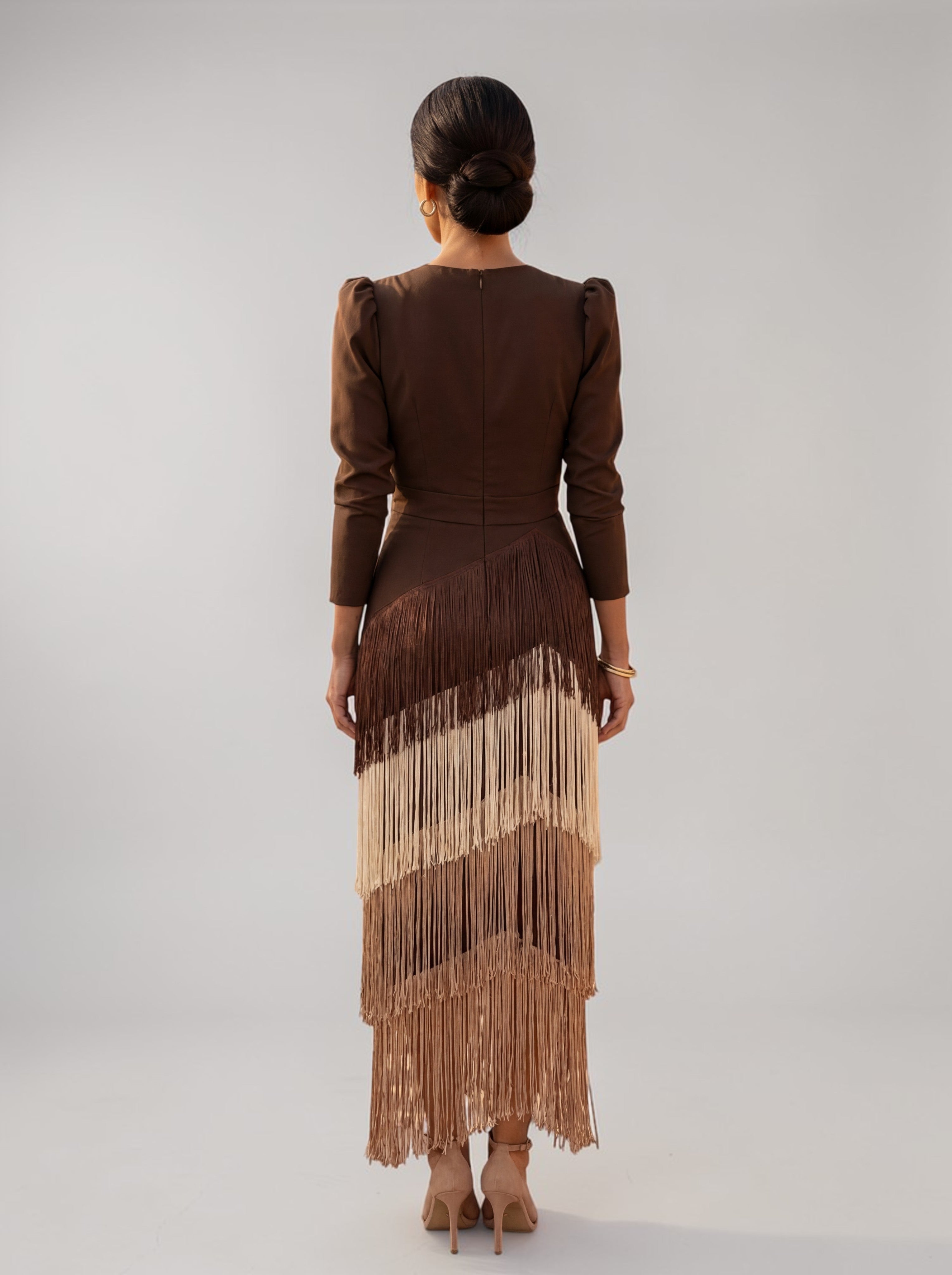 Brown Tiered Fringe Wedding Guest V-Neck Midi Dress