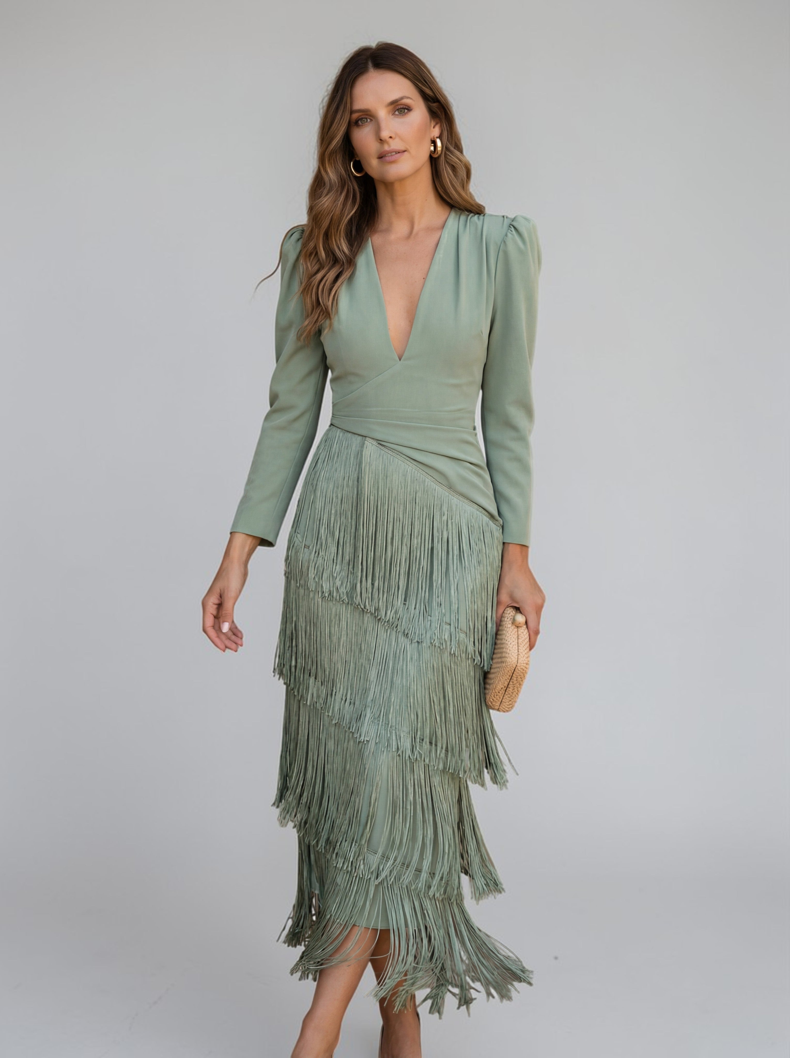 Brown Tiered Fringe Wedding Guest V-Neck Midi Dress