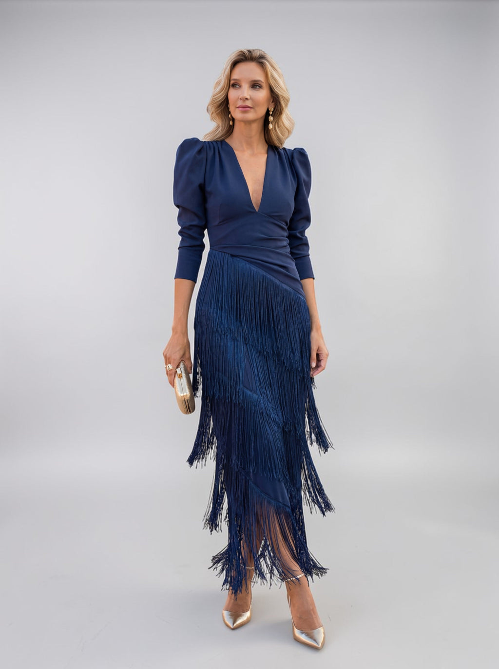 Brown Tiered Fringe Wedding Guest V-Neck Midi Dress