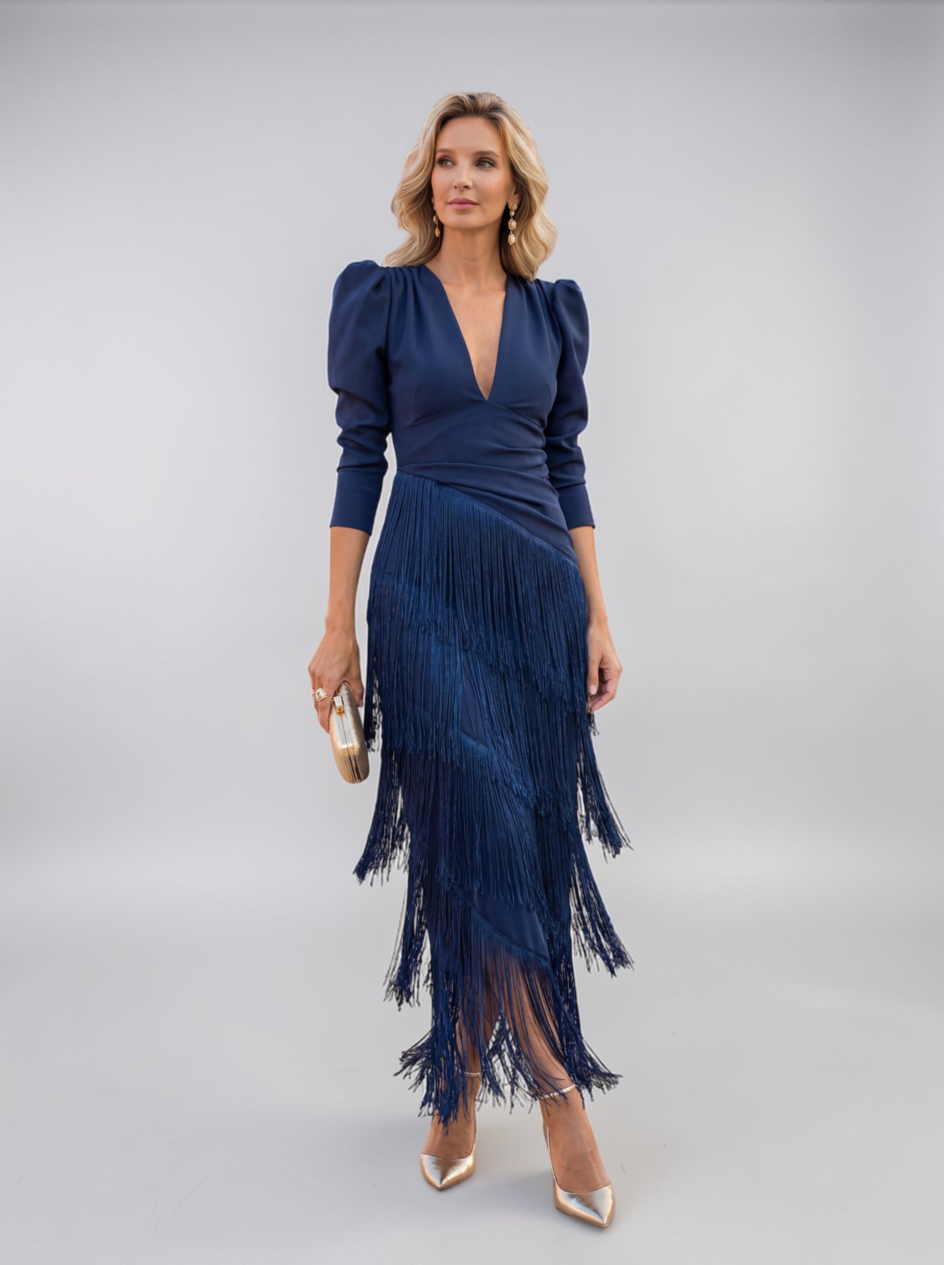 Brown Tiered Fringe Wedding Guest V-Neck Midi Dress