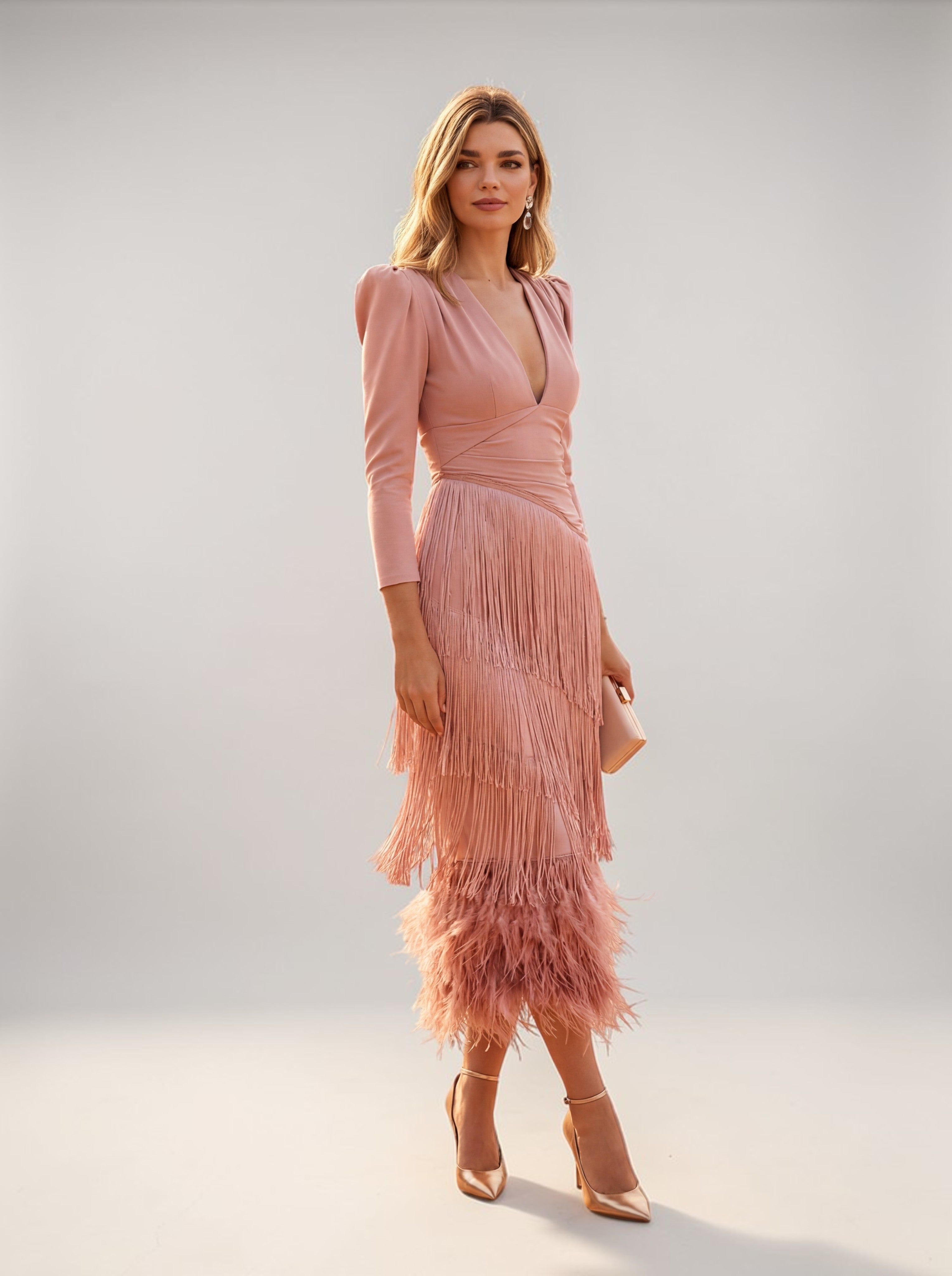 Brown Tiered Fringe Wedding Guest V-Neck Midi Dress