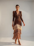 Brown Tiered Fringe Wedding Guest V-Neck Midi Dress, front view