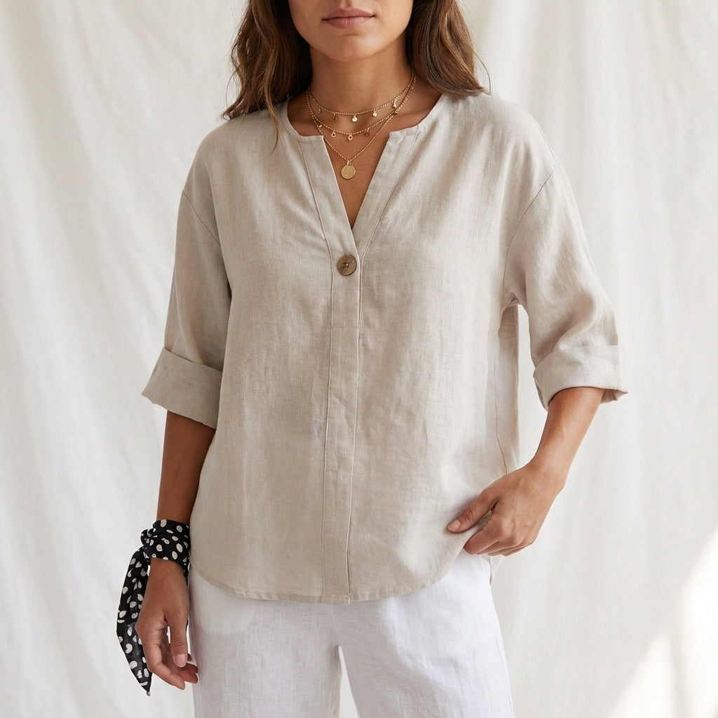 Cotton Linen V Neck Button Front Blouse