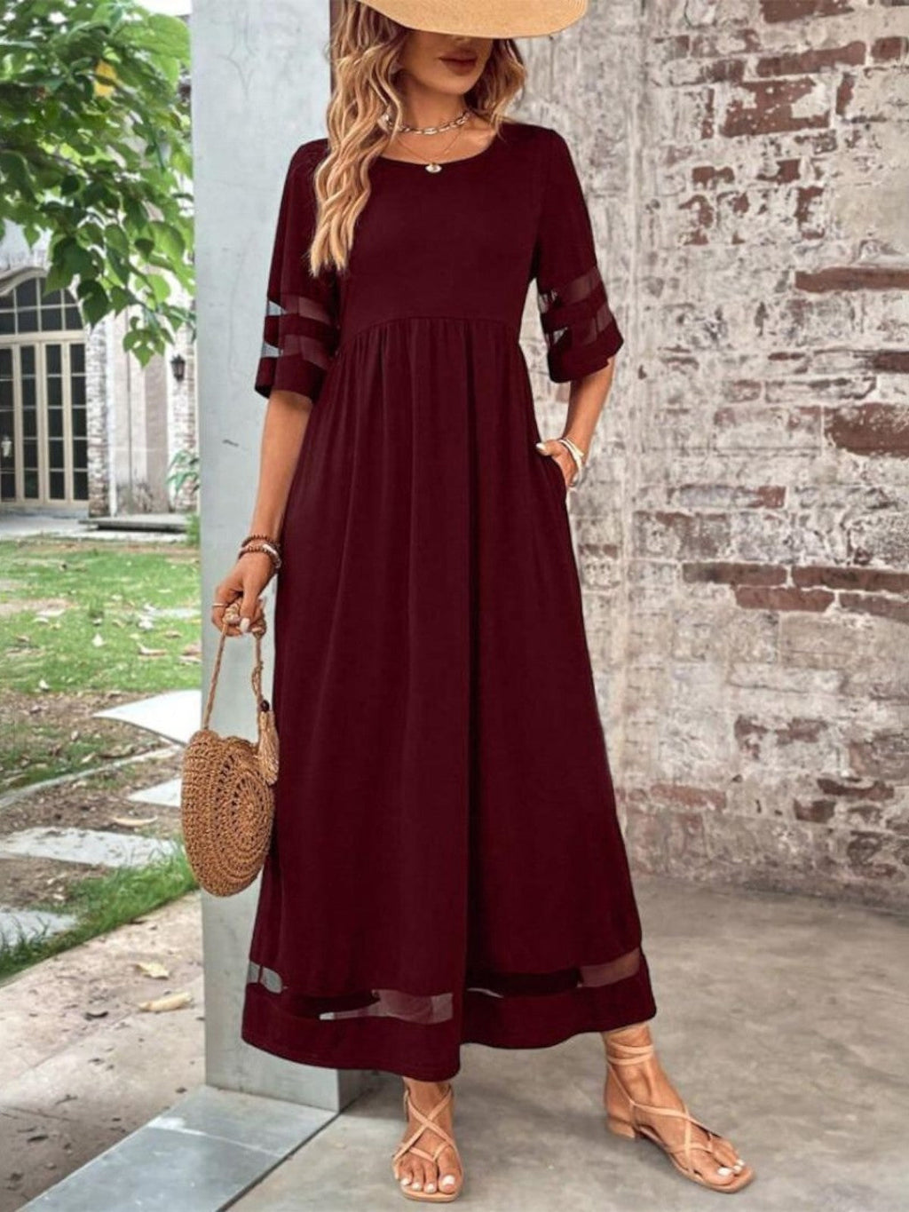 Black elegant sheer panel maxi dress for women, full length view