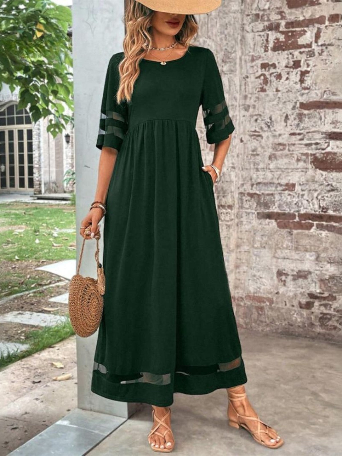 Red elegant sheer panel maxi dress, front view