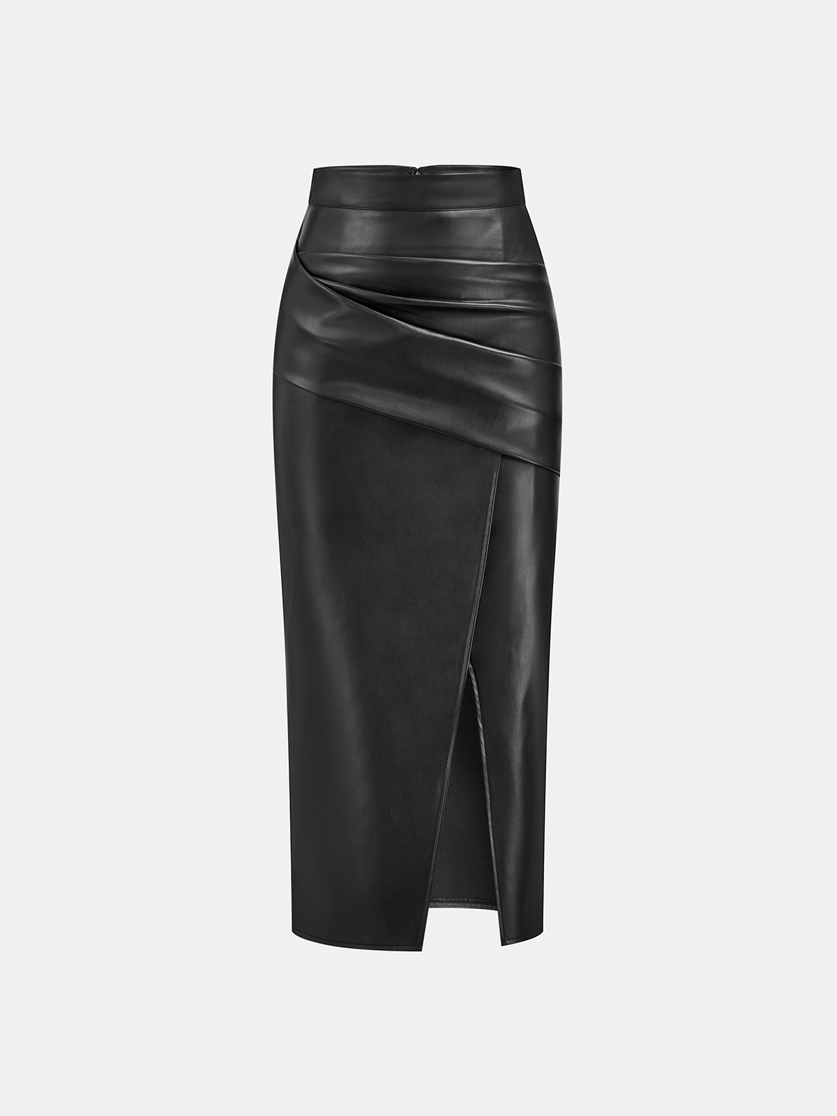 Ruched Faux Leather Midi Skirt with Front Slit