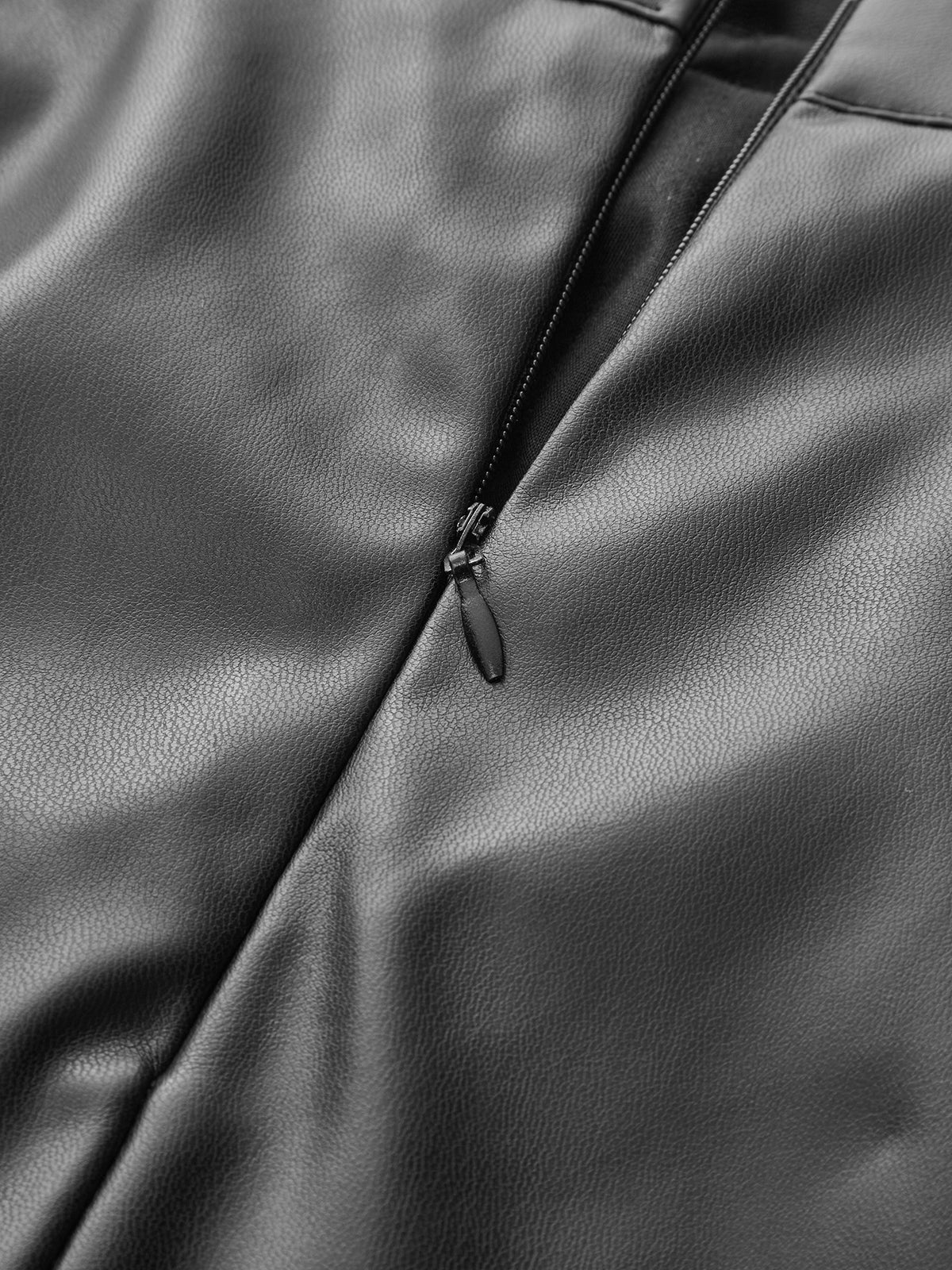 Ruched Faux Leather Midi Skirt with Front Slit