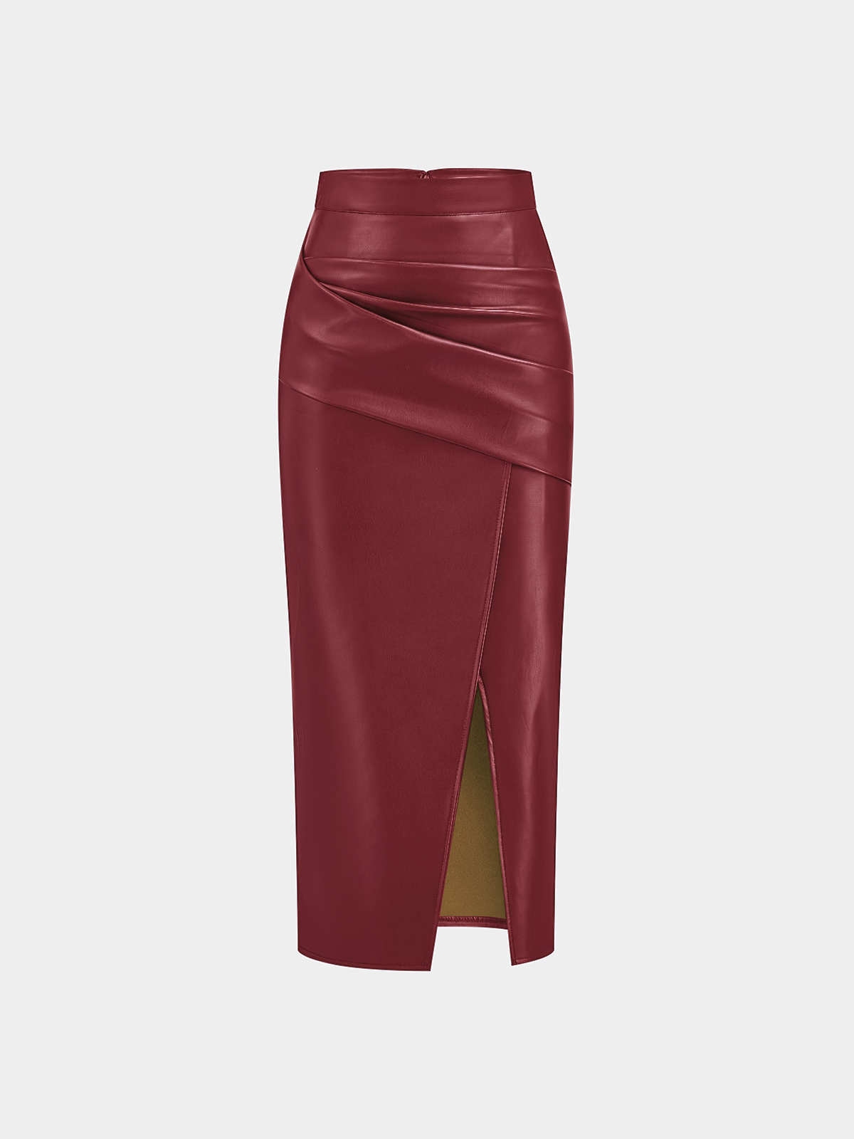 Ruched Faux Leather Midi Skirt with Front Slit