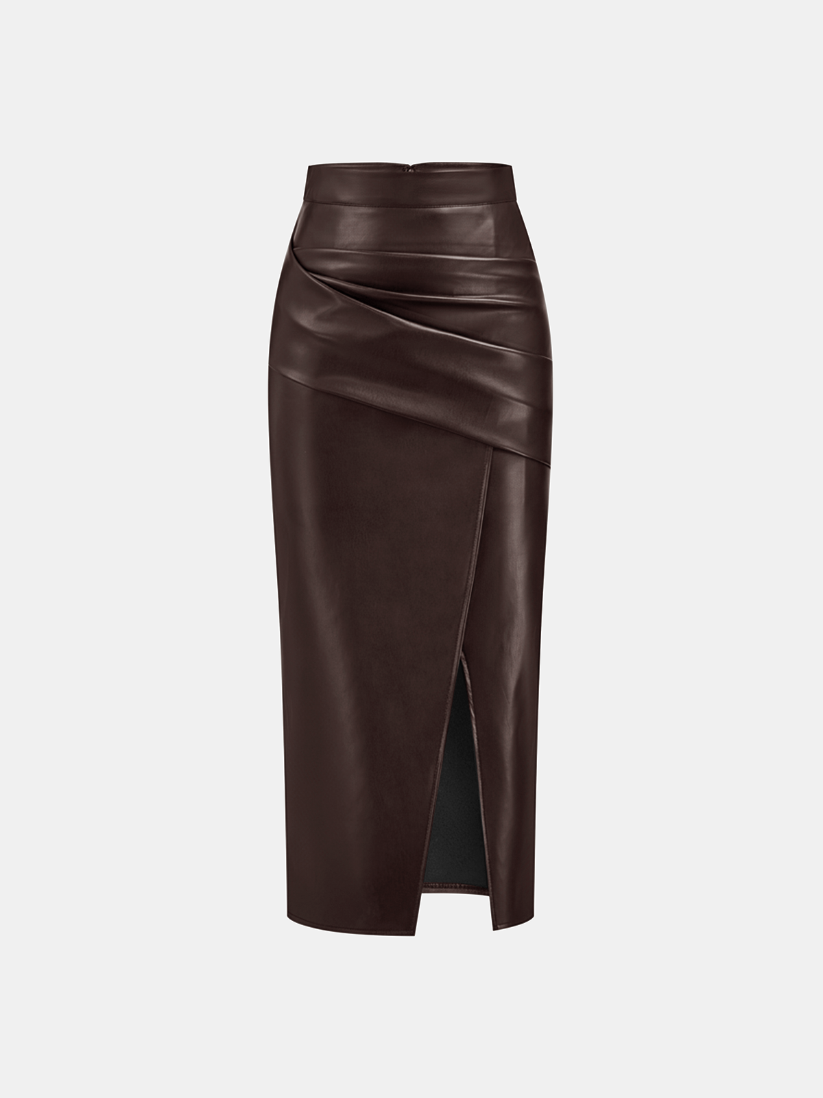 Ruched Faux Leather Midi Skirt with Front Slit