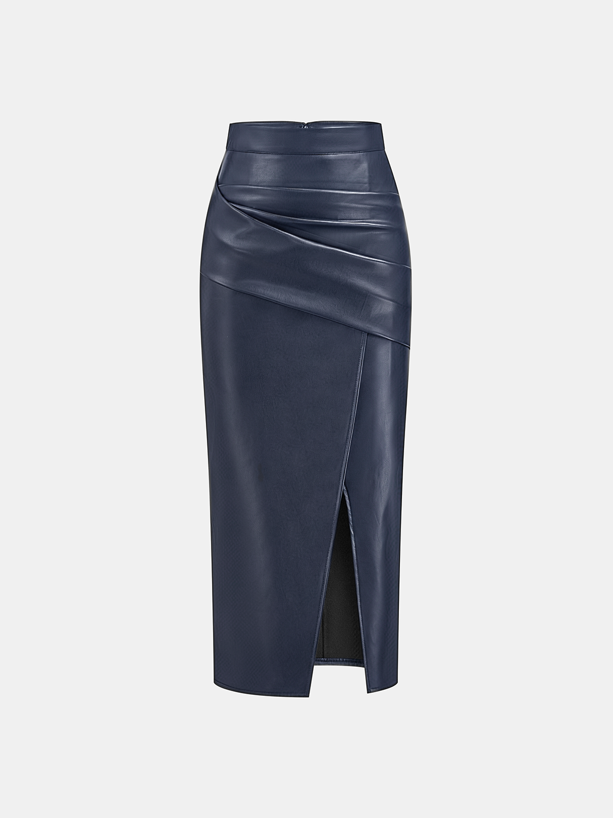 Ruched Faux Leather Midi Skirt with Front Slit