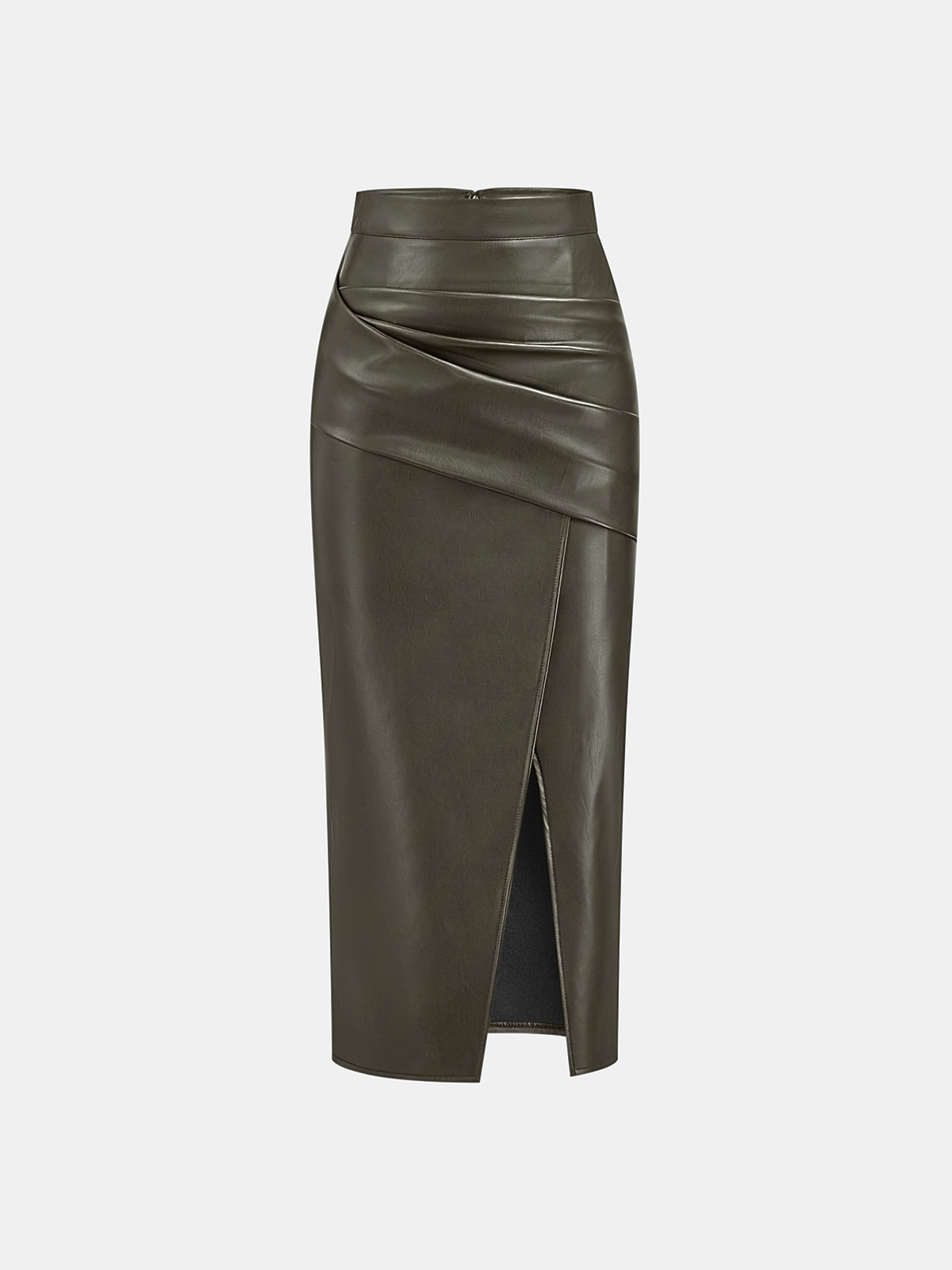 Ruched Faux Leather Midi Skirt with Front Slit
