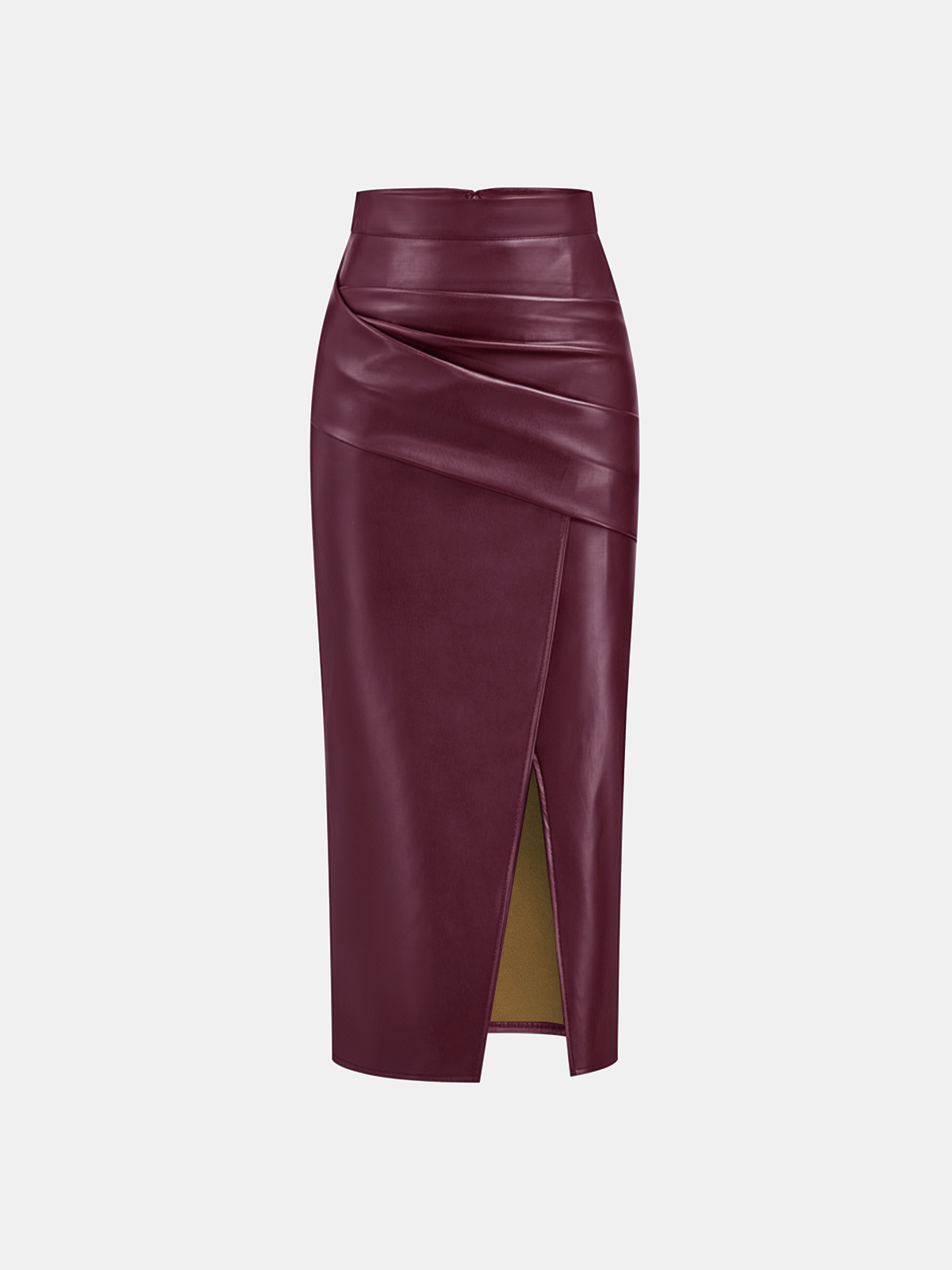 Ruched Faux Leather Midi Skirt with Front Slit