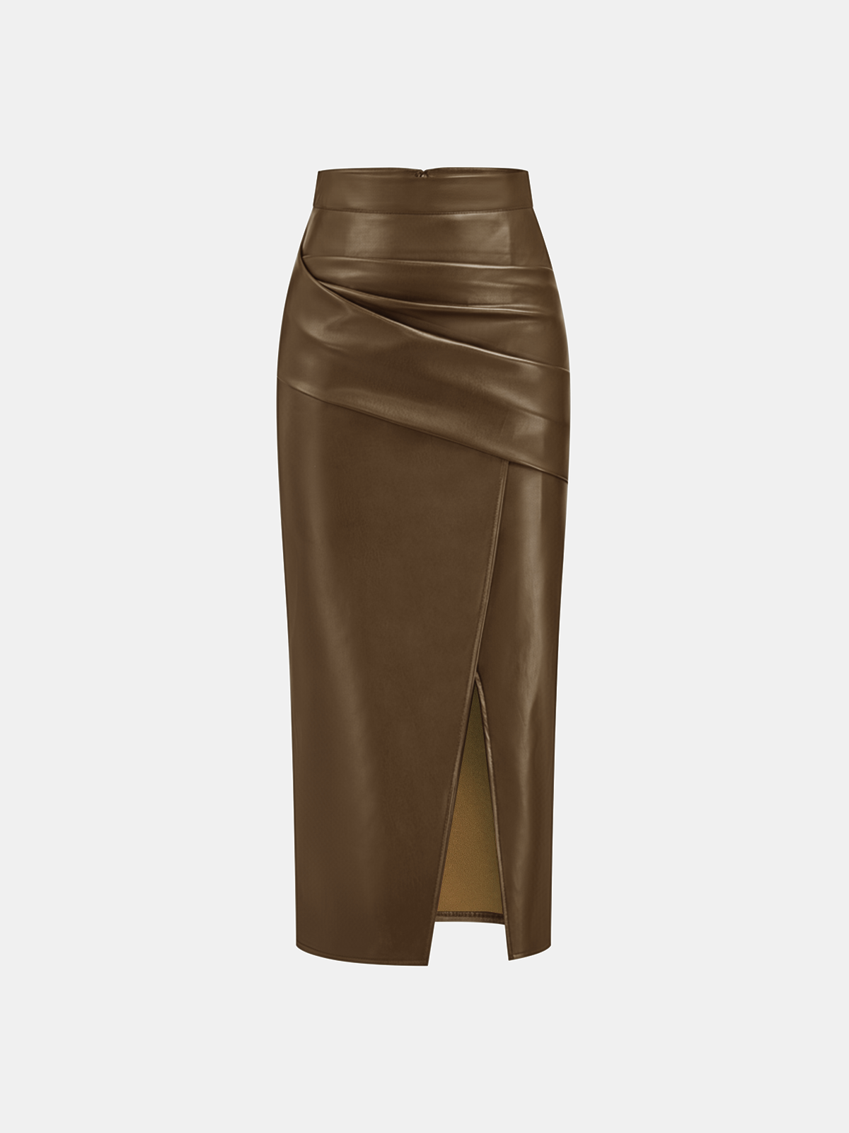 Ruched Faux Leather Midi Skirt with Front Slit